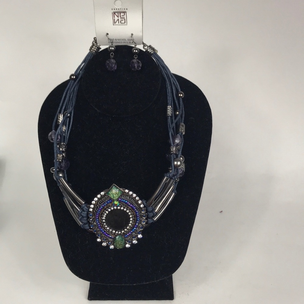 Creation Blue Purple Bead Necklace Earrings Set